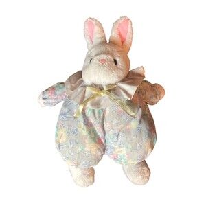 Vintage Bunny Rabbit White Plush Stuffed Animal Flower Sleeper Puffy Easter Gift